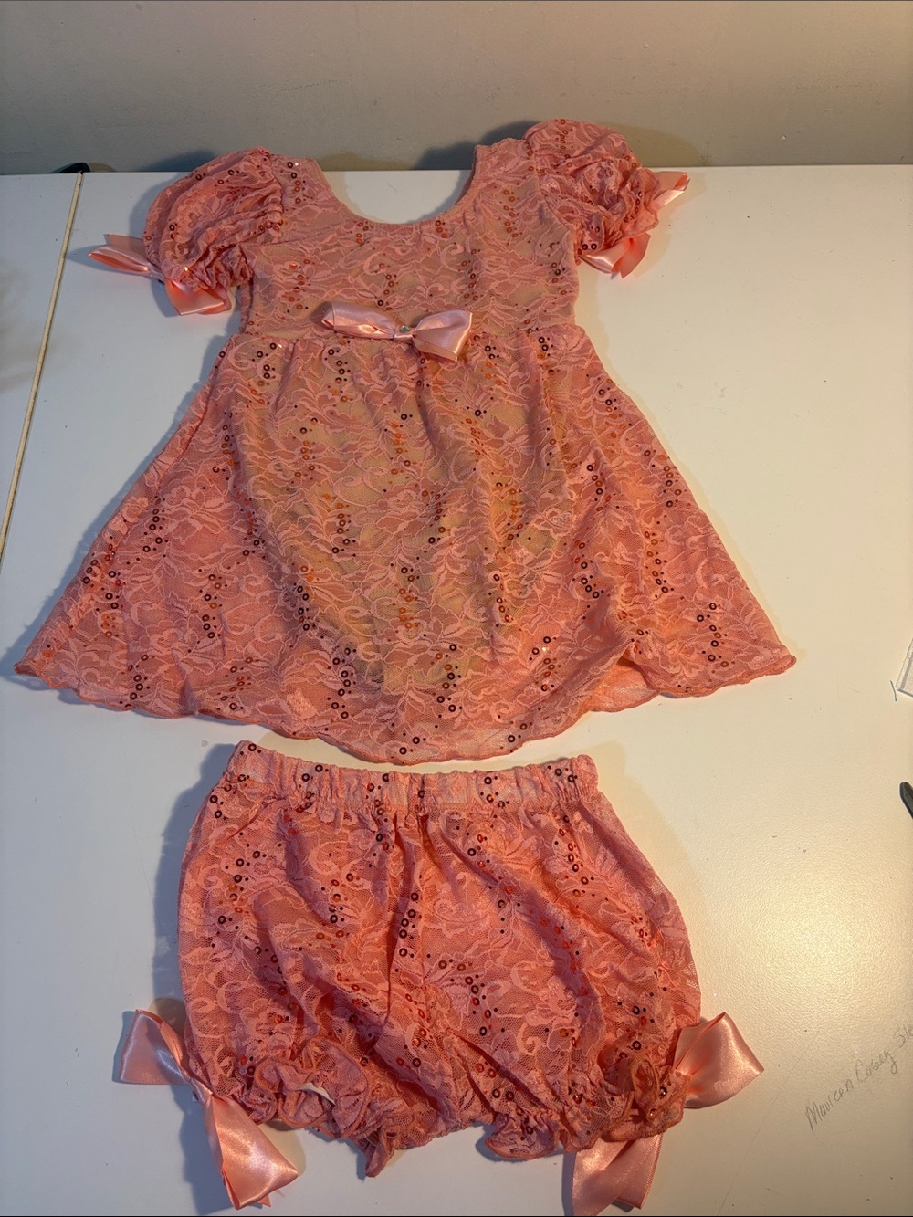 Girls Pink Lace Two-Piece Baby Doll Costume with Satin Bows